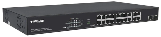 Alt view image 2 of 6 - Intellinet 16 Port PoE+ Ethernet Switch with 4 RJ45 Gigabit and 2 SFP Uplink Ports - 300W Power Budget, Output up to 32W Per Port, Unmanaged, Wall Mountable/Desktop, VLAN Mode-3 Yr Mfg Warranty561419