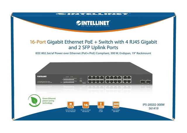 Alt view image 6 of 6 - Intellinet 16 Port PoE+ Ethernet Switch with 4 RJ45 Gigabit and 2 SFP Uplink Ports - 300W Power Budget, Output up to 32W Per Port, Unmanaged, Wall Mountable/Desktop, VLAN Mode-3 Yr Mfg Warranty561419