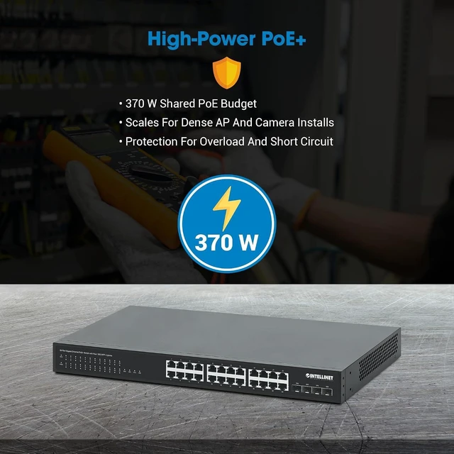 Alt view image 4 of 7 - Intellinet 24-Port PoE+ Gigabit Ethernet Switch, 370W, 4 x 10G SFP+ Uplinks