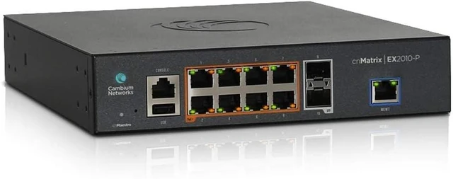 Main image of Cambium Networks cnMatrix EX2010-P Switch - 20 Gbps Throughput - 8 Ethernet PoE+ Enabled Ports @ 100W - 2 SFP Fiber Uplink Ports - 512 MB DRAM - 128 MB Flash Storage - (US Power Cord) - MX-EX2010PxA-U