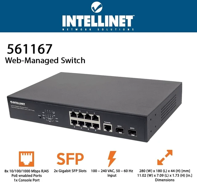 Alt view image 2 of 2 - Intellinet 561167 8-Port Gigabit Rackmount PoE+ Switch