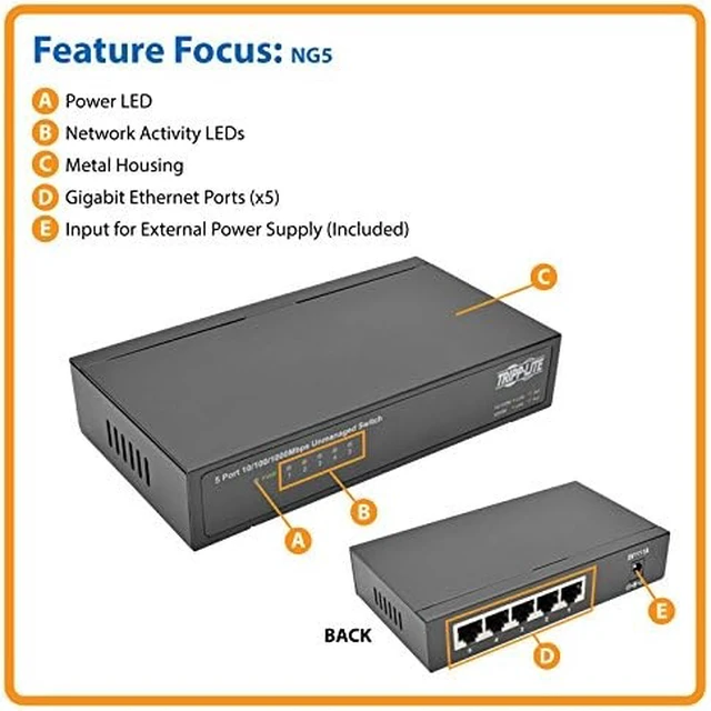 Alt view image 6 of 6 - Tripp Lite 5-Port Gigabit Ethernet Switch, Desktop, Metal, Unmanaged Network Switch 10/100/1000 Mbps RJ45 (NG5)