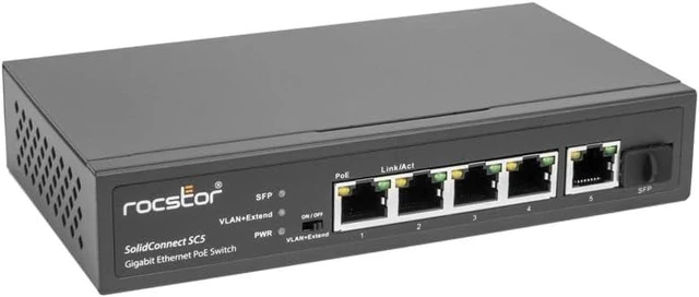 Main image of Rocstor SolidConnect SC5 4-Port PoE+ Gigabit Unmanaged Ethernet Switch & 1X Gigabit SFP Uplink Ports - Y10S005-B1
