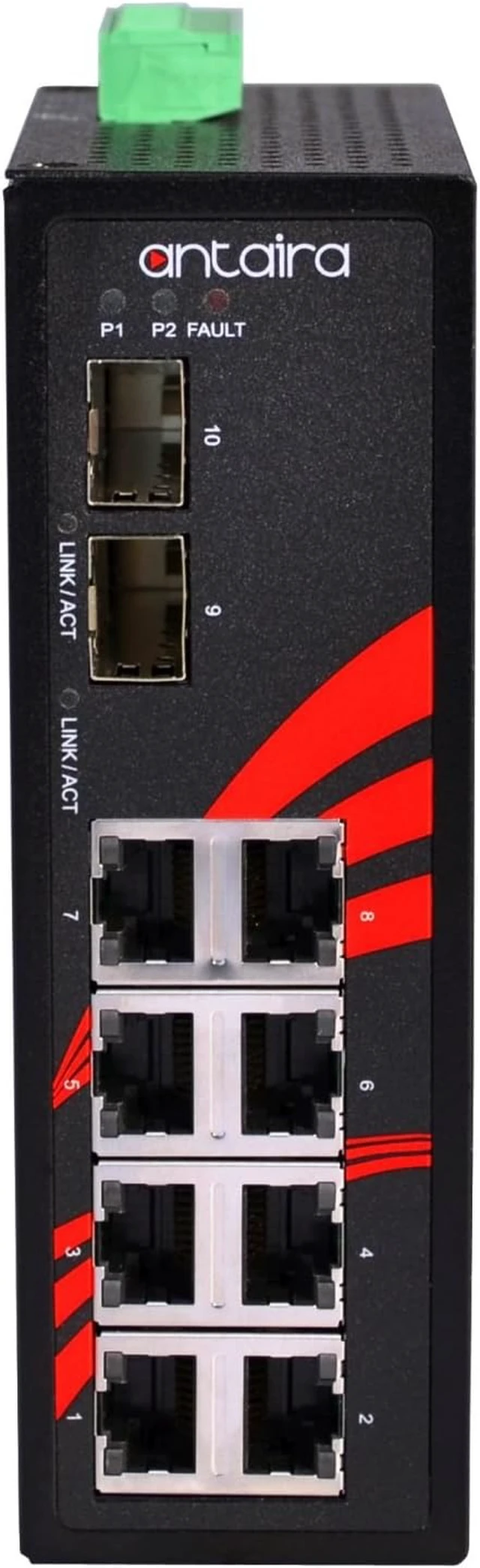 Alt view image 3 of 6 - Antaira LNX-1002G-SFP-T Industrial-Grade 10-Port Unmanaged Gigabit Ethernet Switch, 2 SFP Slots, DIN-Rail Mount, -40 to 75°C Operating Temperature, Redundant 12 to 48 VDC Power Input