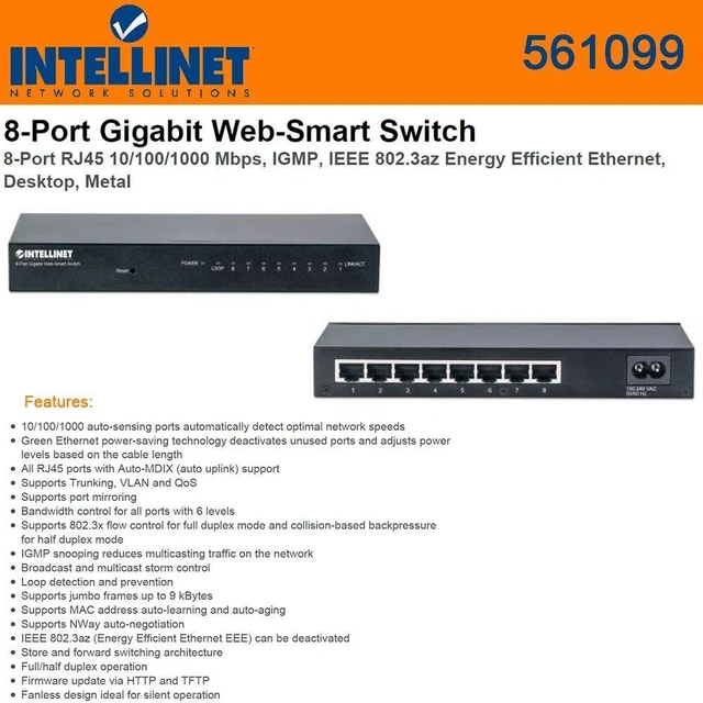 Main image of Intellinet Network (561099) 8-Port RJ45 10/100/1000 Mbps Gigabit Web-Smart Switch, Metal, IEEE 802.3az (Energy Efficient Ethernet)