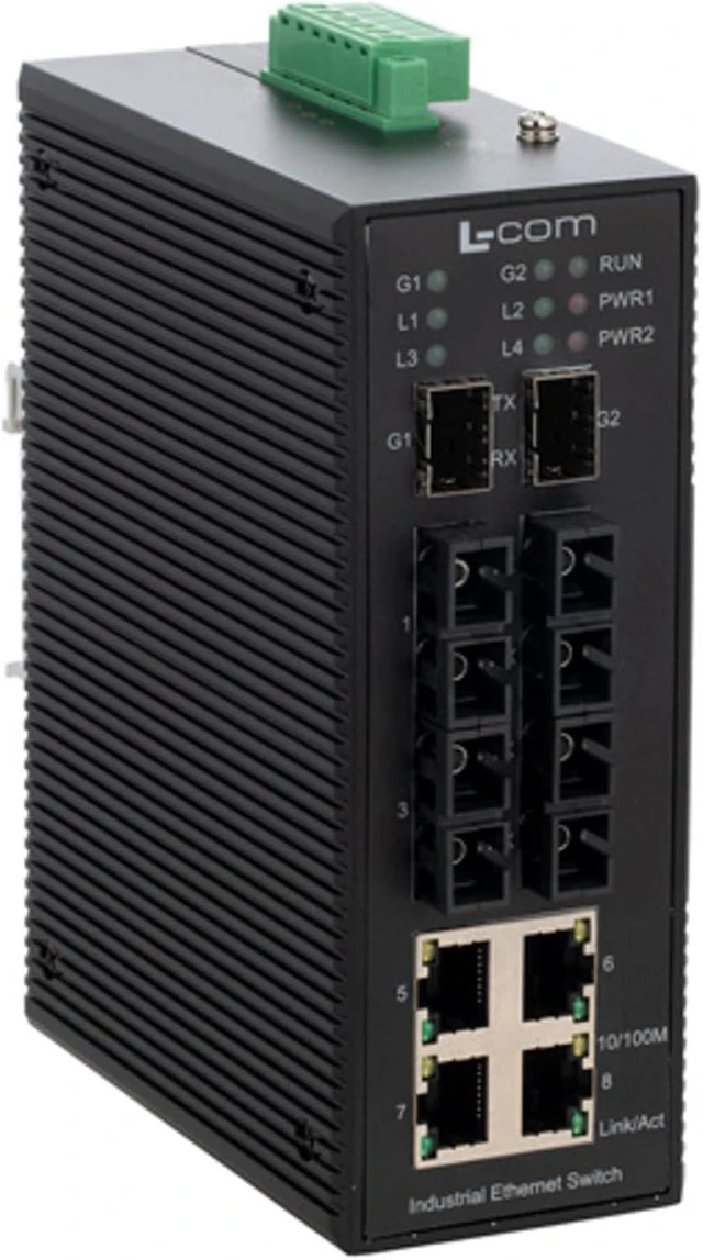 Main image of L-COM - IES-2210-M2-SFP - Switch, 10 Ports, Industrial, Unmanaged Gigabit Ethernet, DIN Rail, RJ45 x 4, SFP x 2, SC x 4