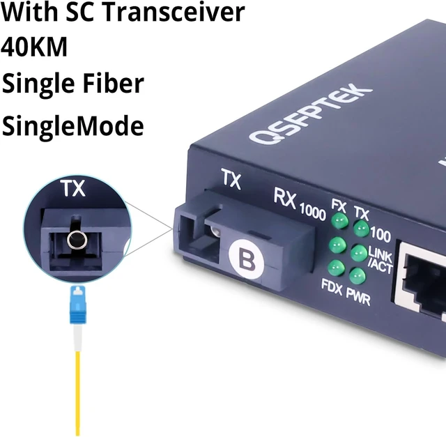 Alt view image 6 of 6 - QSFPTEK A Pair 1.25G/s Bidi Gigabit Media Converter, 10/100/1000Base-Tx to 1000Base-FX Fiber Ethernet Coverter, Singlemode SC Bidi Transceiver TX1310nm/TX1550nm, 40Km