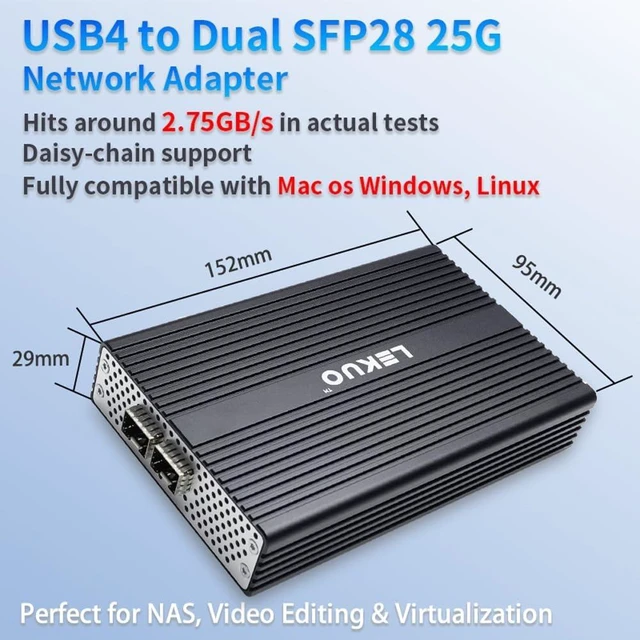 Alt view image 5 of 7 - IO CREST USB4 Type-C to Dual 25GbE SFP28 Network Adapter, Dual 25G Fiber Ethernet Adapter, Compatible with Thunderbolt 3/4/5, Mellanox Chipset, 16KB Jumbo Frames, Windows, Mac & Linux