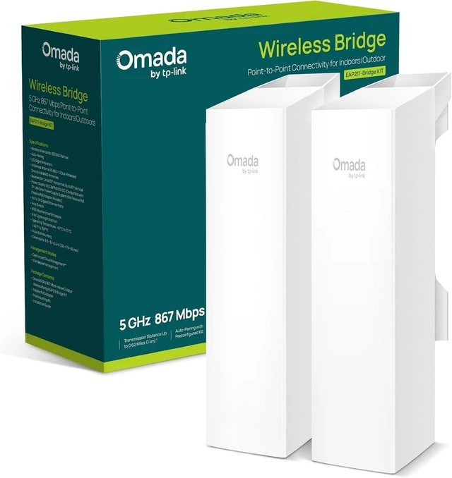 Main image of TP-Link EAP211 Bridge kit, Omada Point to Point Wireless Bridge, 3 Gigabit Ports, Outdoor & Indoor, 1km Long Range, PtP&PtMP, 1km Long Range, PoE or DC Powered, Centralized Management
