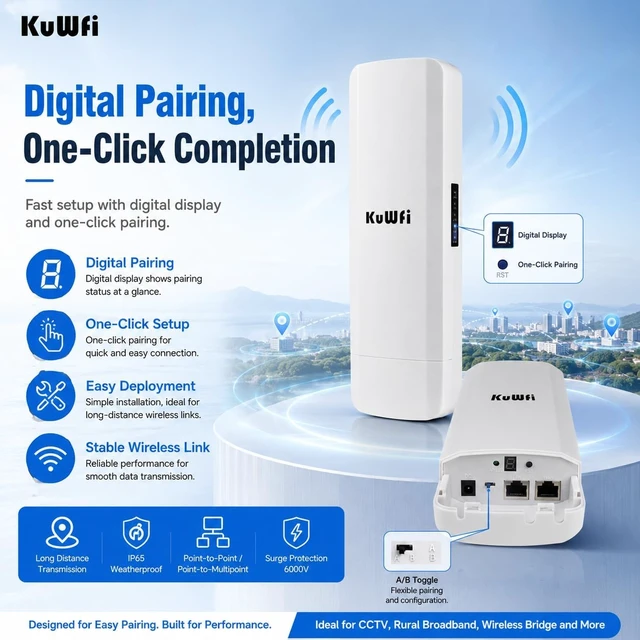 Alt view image 7 of 7 - KuWFi 900Mbps WiFi Bridge Outdoor CPE, Dual Gigabit Ethernet Ports, 2-Pack