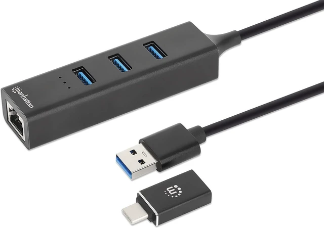 Main image of Manhattan 3 Port USB A & C Hub Combo to Ethernet Adapter 2ft Long Cable, Durable Aluminum, USB 3.0 5 Gbps Data Transfer, RJ45 Wired LAN 10/100/1000 Mbps, for Laptop 3 Yr Mfg Warranty-180894