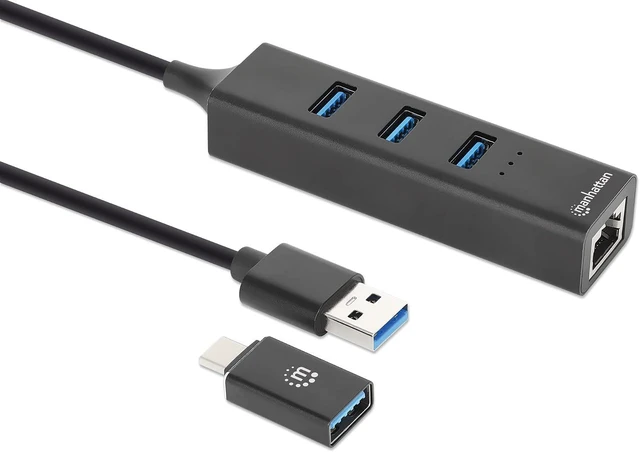 Alt view image 2 of 7 - Manhattan 3 Port USB A & C Hub Combo to Ethernet Adapter 2ft Long Cable, Durable Aluminum, USB 3.0 5 Gbps Data Transfer, RJ45 Wired LAN 10/100/1000 Mbps, for Laptop 3 Yr Mfg Warranty-180894