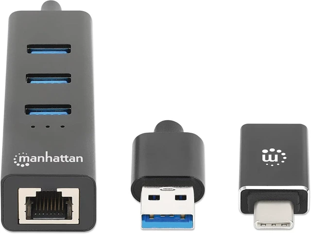 Alt view image 3 of 7 - Manhattan 3 Port USB A & C Hub Combo to Ethernet Adapter 2ft Long Cable, Durable Aluminum, USB 3.0 5 Gbps Data Transfer, RJ45 Wired LAN 10/100/1000 Mbps, for Laptop 3 Yr Mfg Warranty-180894