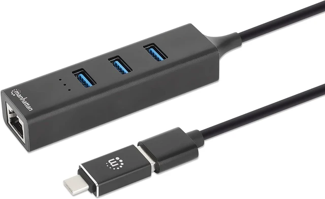 Alt view image 5 of 7 - Manhattan 3 Port USB A & C Hub Combo to Ethernet Adapter 2ft Long Cable, Durable Aluminum, USB 3.0 5 Gbps Data Transfer, RJ45 Wired LAN 10/100/1000 Mbps, for Laptop 3 Yr Mfg Warranty-180894
