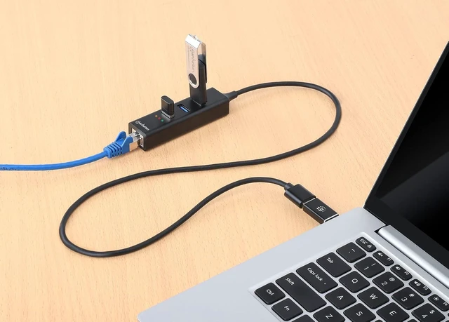 Alt view image 6 of 7 - Manhattan 3 Port USB A & C Hub Combo to Ethernet Adapter 2ft Long Cable, Durable Aluminum, USB 3.0 5 Gbps Data Transfer, RJ45 Wired LAN 10/100/1000 Mbps, for Laptop 3 Yr Mfg Warranty-180894