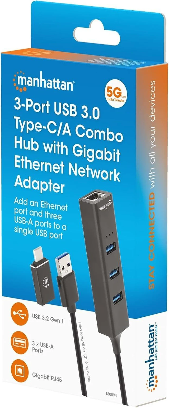 Alt view image 7 of 7 - Manhattan 3 Port USB A & C Hub Combo to Ethernet Adapter 2ft Long Cable, Durable Aluminum, USB 3.0 5 Gbps Data Transfer, RJ45 Wired LAN 10/100/1000 Mbps, for Laptop 3 Yr Mfg Warranty-180894