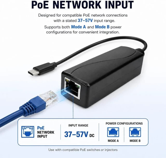 Alt view image 2 of 5 - Encased PoE to USB-C Adapter, Gigabit Ethernet Network & Power Converter, 5V/2A 10W Output