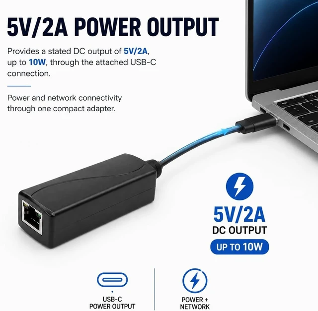 Alt view image 3 of 5 - Encased PoE to USB-C Adapter, Gigabit Ethernet Network & Power Converter, 5V/2A 10W Output
