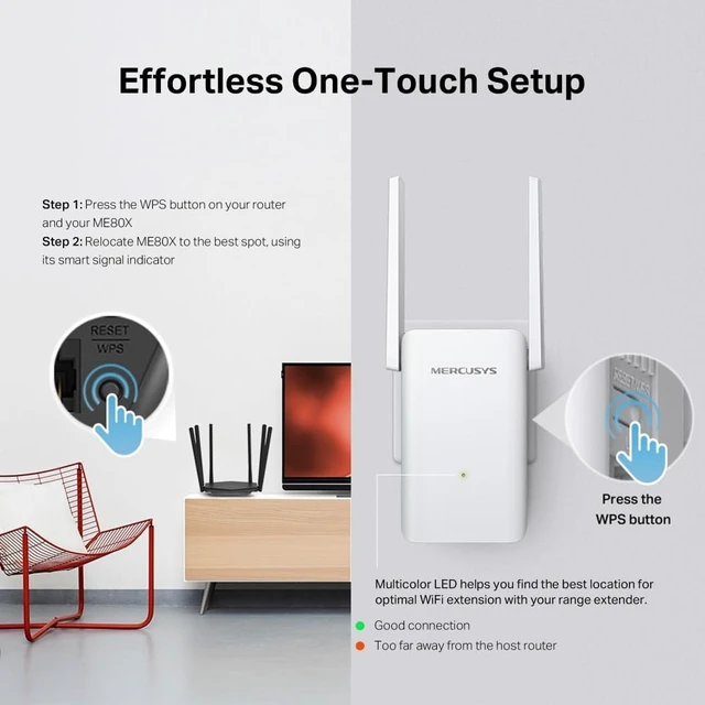 Alt view image 6 of 7 - Mercusys ME80X, AX3000 Mbps, 1 Gigabit Port and 2 External Antenna, Built-in Access Point Mode, Easy One-Button Installation, Mobile App Support, Dual-Band Wi-Fi 6 Range Extender