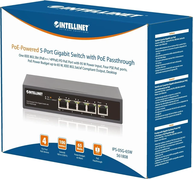 Alt view image 2 of 7 - Intellinet 5-Port Gigabit PoE+ Switch with PoE Passthrough, 65W Power