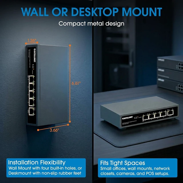 Alt view image 3 of 7 - Intellinet 5-Port Gigabit PoE+ Switch with PoE Passthrough, 65W Power