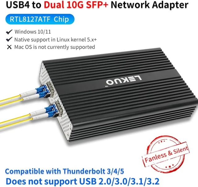 Alt view image 5 of 7 - IO CREST USB4 Type-C to Dual 10GbE SFP+ Network Adapter, Dual 10G Fiber Ethernet Adapter, Compatible with Thunderbolt 3/4/5, RTL8127ATF, 16KB Jumbo Frames, Windows & Linux