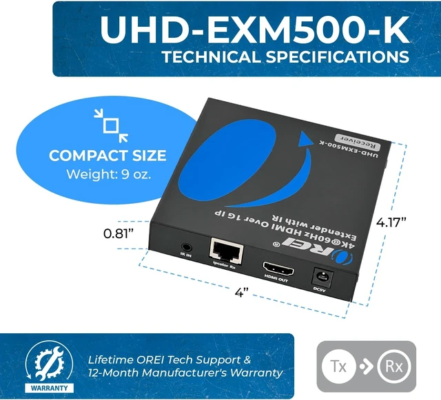 Alt view image 5 of 7 - OREI HDMI Over IP Extender 4K@60Hz 500ft Loop Out 1G HDCP 1.4, One-Way IR