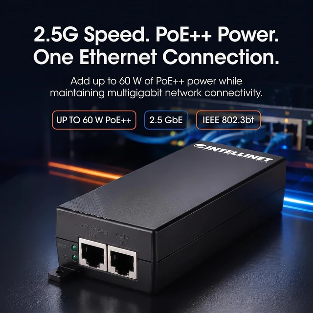 Alt view image 2 of 7 - Intellinet 2.5G PoE++ Injector: Ultra-Fast Data & 60W Power for Cameras & Devices via Ethernet, Ideal for High-Bandwidth Networks & Wi-Fi 6/7 Access Points - Wall Mount Option - 562256