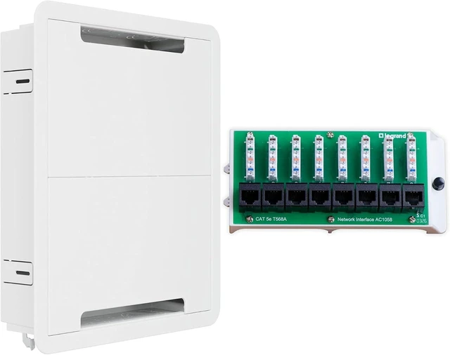 Main image of Legrand On-Q 17 in-Wall Media Enclosure + 8-Port Cat5e Network Interface Module Recessed Structured Wiring Box with Ethernet Distribution for Home Networking