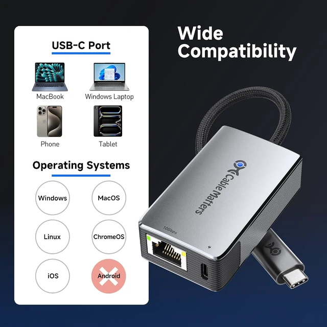 Alt view image 6 of 7 - Cable Matters USB C to 10Gb Ethernet Adapter with 140W PD Charging