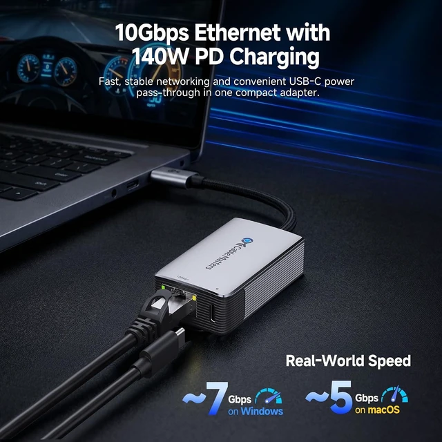 Alt view image 2 of 7 - Cable Matters USB C to 10Gb Ethernet Adapter with 140W PD Charging