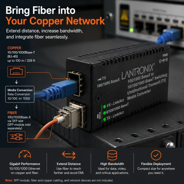 Alt view image 3 of 6 - Lantronix Media Converter - SFP - Data Transfer Rate: 1000 Mbps - Data Link Protocol: Fast Ethernet Jumbo Frame (up to 10,240 Bytes), USB Power Option, Requires the use of a U...