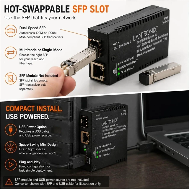 Alt view image 4 of 6 - Lantronix Media Converter - SFP - Data Transfer Rate: 1000 Mbps - Data Link Protocol: Fast Ethernet Jumbo Frame (up to 10,240 Bytes), USB Power Option, Requires the use of a U...