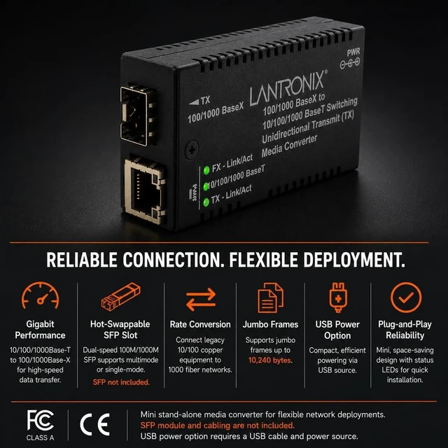 Alt view image 5 of 6 - Lantronix Media Converter - SFP - Data Transfer Rate: 1000 Mbps - Data Link Protocol: Fast Ethernet Jumbo Frame (up to 10,240 Bytes), USB Power Option, Requires the use of a U...