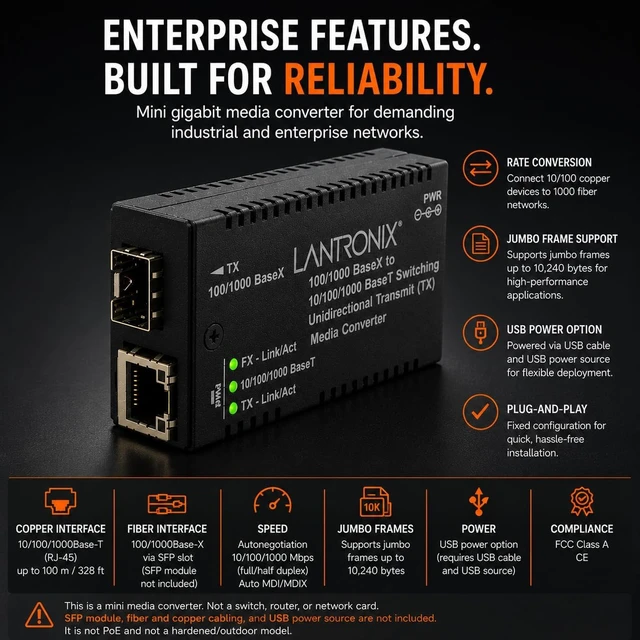 Alt view image 6 of 6 - Lantronix Media Converter - SFP - Data Transfer Rate: 1000 Mbps - Data Link Protocol: Fast Ethernet Jumbo Frame (up to 10,240 Bytes), USB Power Option, Requires the use of a U...