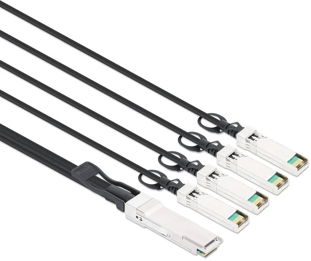 Main image of Intellinet 40G QSFP+ to 4 x 10G SFP+ Passive DAC Breakout Cable, 7 ft