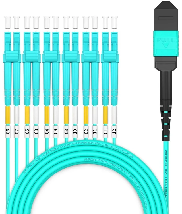 Main image of AMPCOM MPO to LC Breakout Cable 50/125m MultiMode OM3-300(24 Fiber,MPO to LC, Type B, LSZH/Riser, UPC, Aqua) 1m (3ft)
