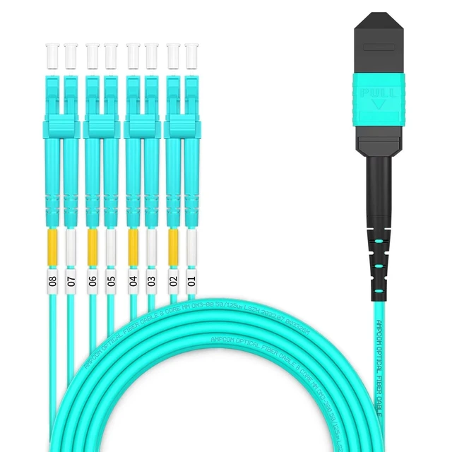 Main image of AMPCOM MPO to LC Breakout Cable 50/125m Multimode OM3-300(8 Fiber, MPO to LC, Type B, LSZH/Riser, UPC, Aqua) 15m (49ft)