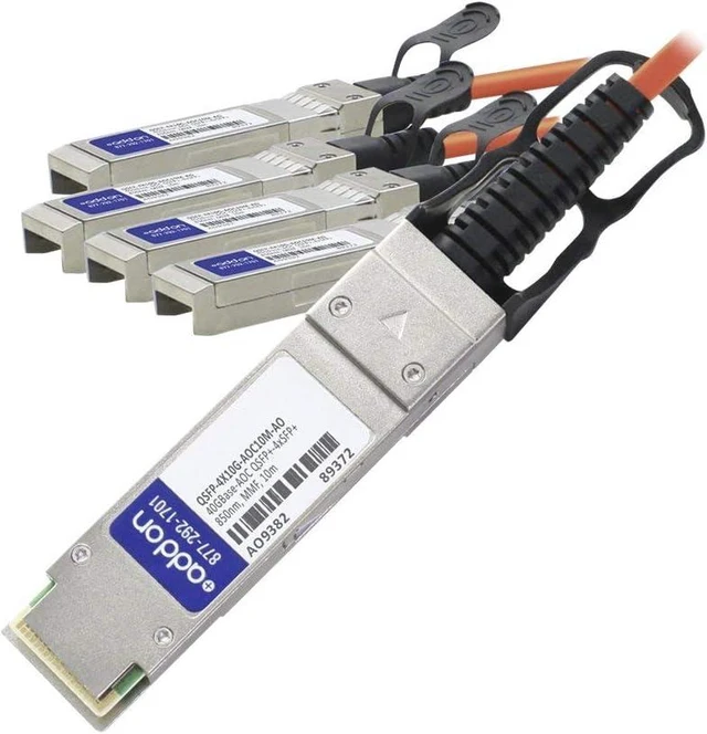 Main image of AddOn Fiber Optic Network Cable - Fiber Optic for Network Device - 32.81 ft - 1 x QSFP+ Network - 4 x SFP+ Network QSFP-4X10G-AOC10M-AO