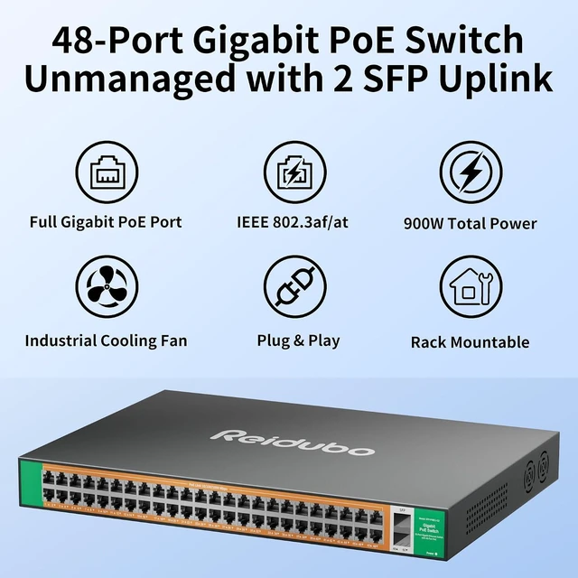 Alt view image 2 of 7 - Gigabit PoE Switch Unmanaged 48 Port with 2*1000Mbps SFP Uplink, Total 900W High Power PoE+ Network Switches, 802.3af/at, AI Watchdog Ethernet Switch