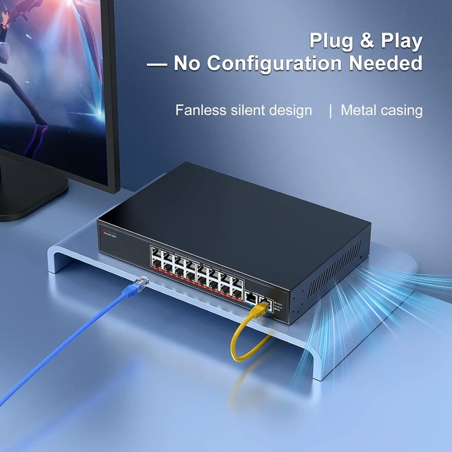 Alt view image 5 of 7 - 18-Port 2.5G Ethernet Switch with 10G Uplink, 16×2.5Gbps + 2×10G RJ45 Ports,VunLink Multi-Gig Unmanaged Network Switch, Plug & Play LAN Switch, Desktop Rackmount for NAS, Gaming, WiFi 6/7, Office