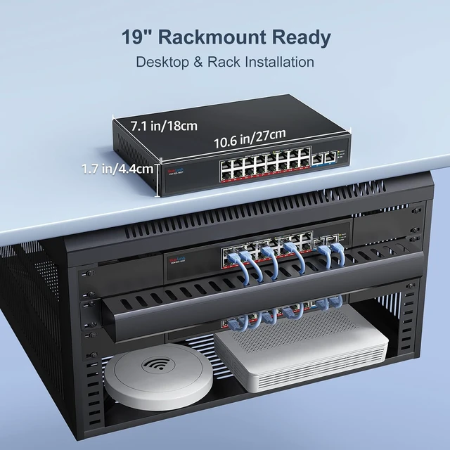 Alt view image 7 of 7 - 18-Port 2.5G Ethernet Switch with 10G Uplink, 16×2.5Gbps + 2×10G RJ45 Ports,VunLink Multi-Gig Unmanaged Network Switch, Plug & Play LAN Switch, Desktop Rackmount for NAS, Gaming, WiFi 6/7, Office