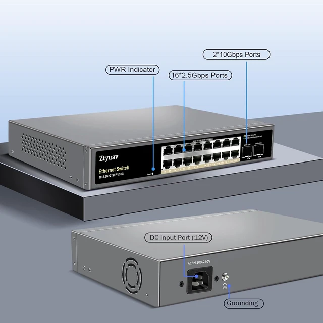 Alt view image 2 of 7 - 16 Port Unmanaged 2.5G Ethernet Switch with 16 x 2.5G RJ-45 Ports, 2 x 10G SFP+ Ports, Ports Speed Auto-Negotiation-100/1000/2500Mbps, One-Key VLAN, Fanless Metal Design, Plug & Play