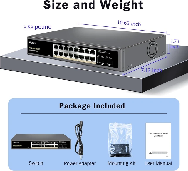 Alt view image 6 of 7 - 16 Port Unmanaged 2.5G Ethernet Switch with 16 x 2.5G RJ-45 Ports, 2 x 10G SFP+ Ports, Ports Speed Auto-Negotiation-100/1000/2500Mbps, One-Key VLAN, Fanless Metal Design, Plug & Play