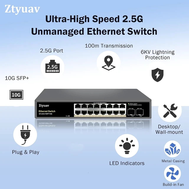 Alt view image 3 of 7 - 16 Port Unmanaged 2.5G Ethernet Switch with 16 x 2.5G RJ-45 Ports, 2 x 10G SFP+ Ports, Ports Speed Auto-Negotiation-100/1000/2500Mbps, One-Key VLAN, Fanless Metal Design, Plug & Play