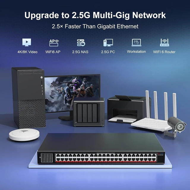 Alt view image 3 of 7 - 48-Port 2.5G Unmanaged Ethernet Switch, VunLink 48×2.5Gbps RJ45 Multi-Gig Network Switch, 240Gbps Switching Capacity, Plug & Play, Rackmount Switch for Enterprise, NAS, Surveillance, Office Network