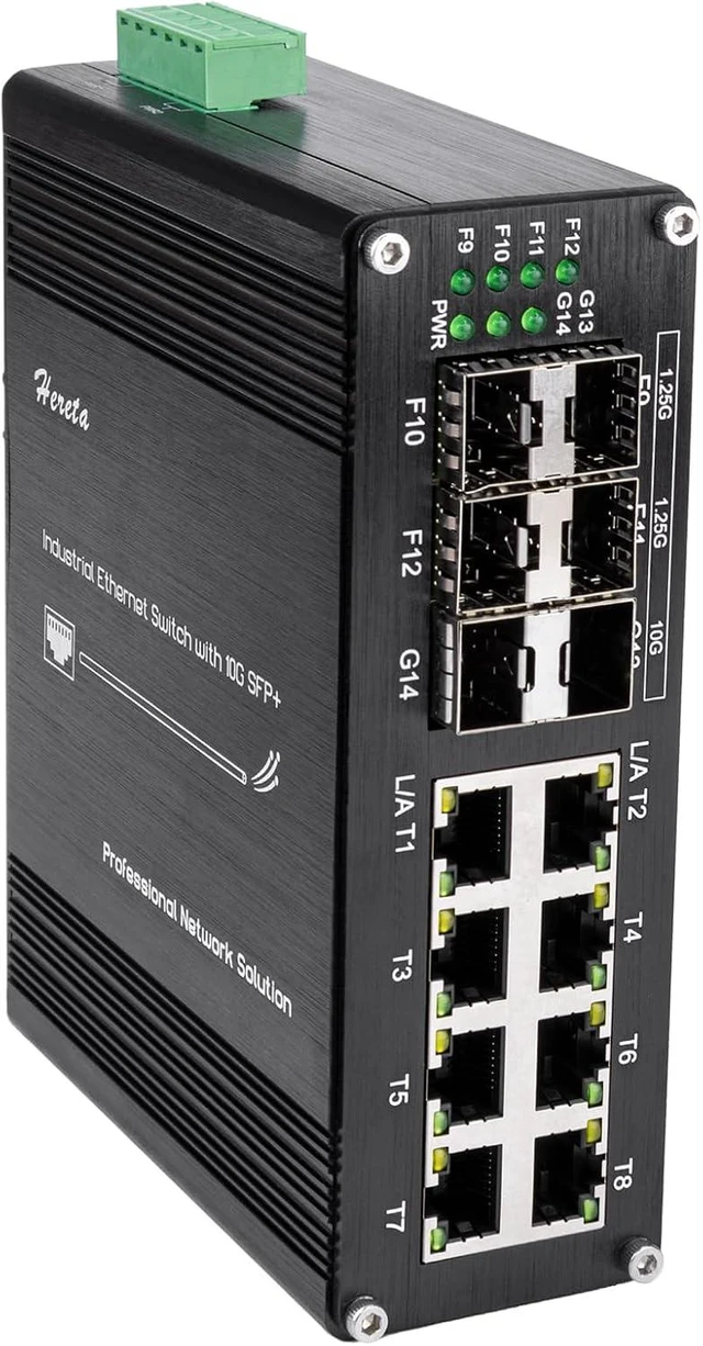 Main image of Industrial 14-Port Gigabit Ethernet Switch, Hardened Unmanaged Network Switch Network Splitter with 8 x Gigabit RJ45 Ports, 4 x 1.25G SFP Ports, 2 x 10G SFP+ Ports, Plug & Play, Aluminum Case