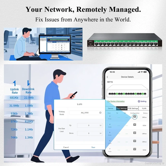 Alt view image 7 of 7 - STEAMEMO 16-Port Gigabit Managed Switch