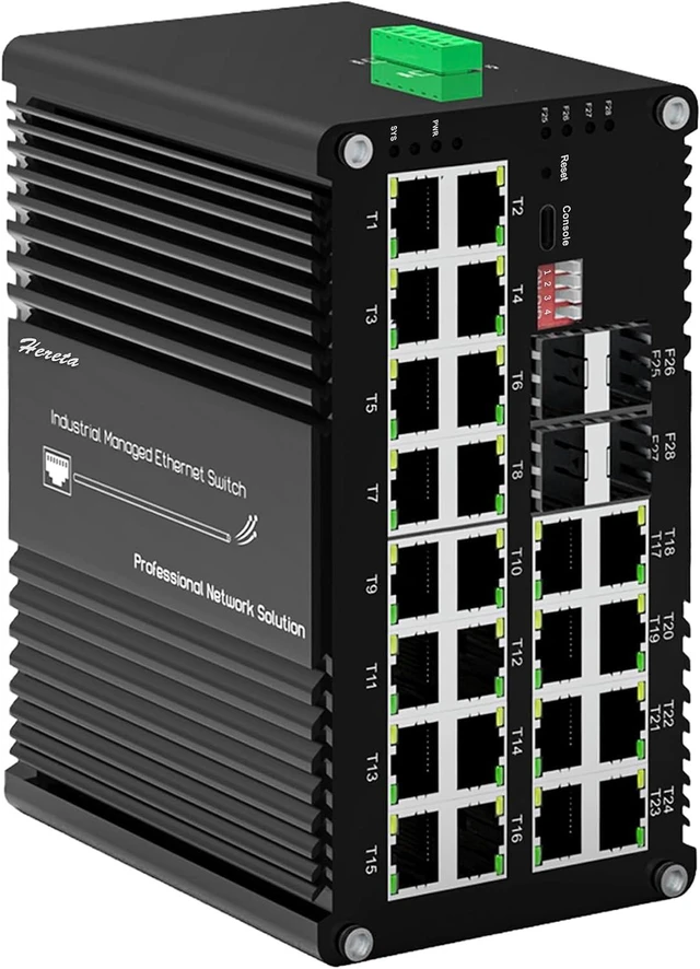 Main image of Industrial L2+ 24 Port Gigabit PoE Ethernet Switch,Hardened Managed Optical Network Switch with 4-Port 1000BaseX SFP, 720W PoE Budget,IEEE 802.3af/at, DINRail, 40~80 Wide Temp, Surge Protection