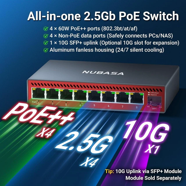 Alt view image 2 of 2 - 2.5G PoE++ Switch & 10G SFP+ to RJ45 Module Bundle: 8 Port Multi-Gigabit Ethernet Switch with 4X 60W PoE++, 10G Copper Uplink, Fanless Metal Design for AP, NAS & PC